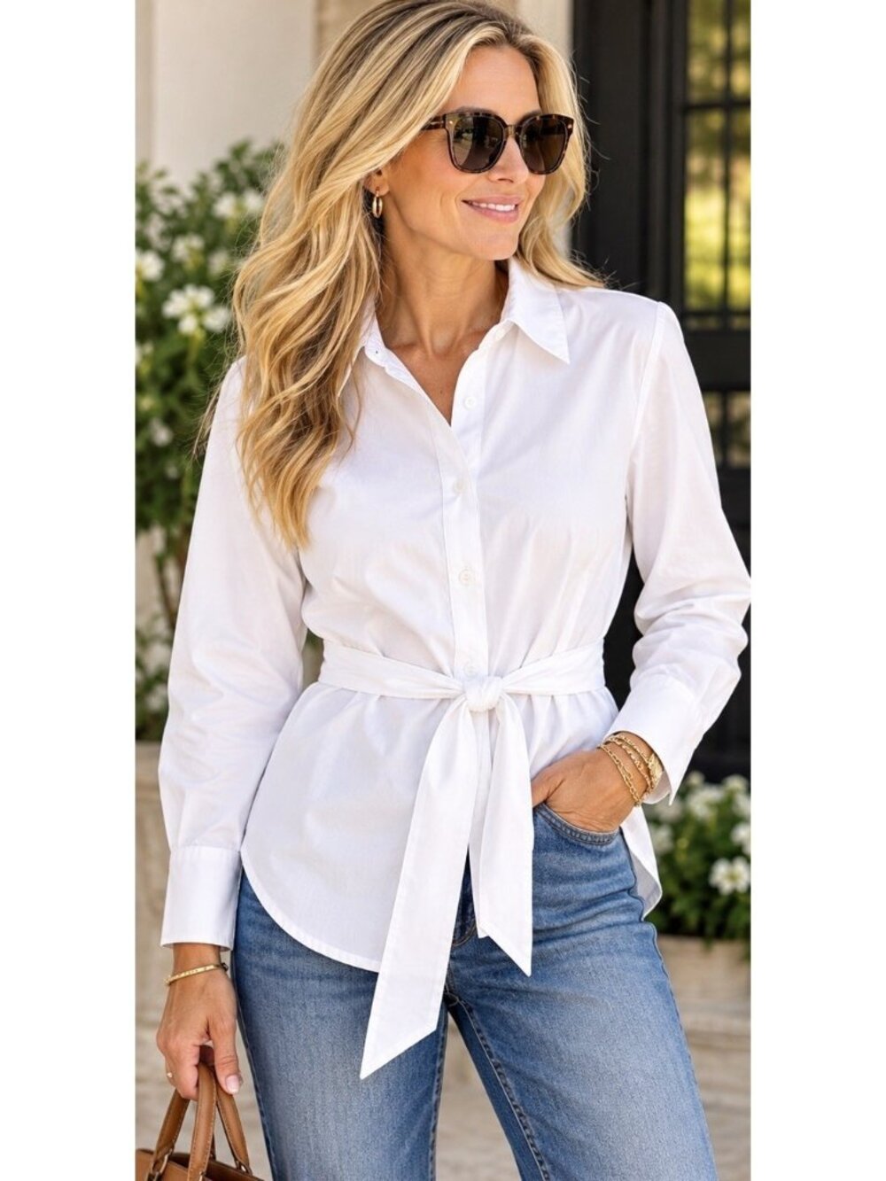 Summersalt Womens Small White Tie Waist Button Down Shirt Organic Cotton Stretch